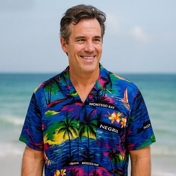 Coastal Island Topical Men L Palm Tree Short Sleeve Button Up Shirt Resort Artsy - Picture 1 of 6